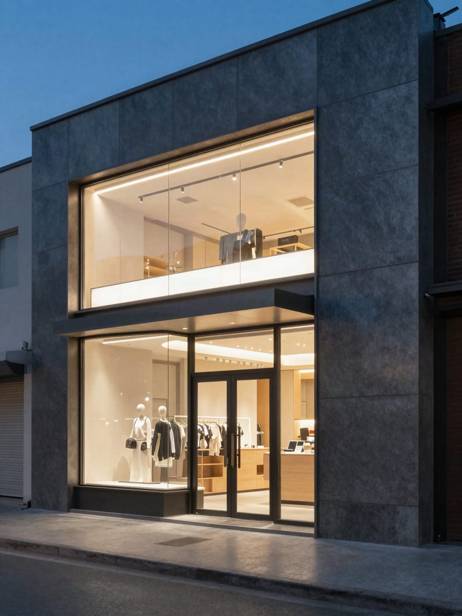 Fachada comercial em ACM grafite com vitrine iluminada — ELEVARE