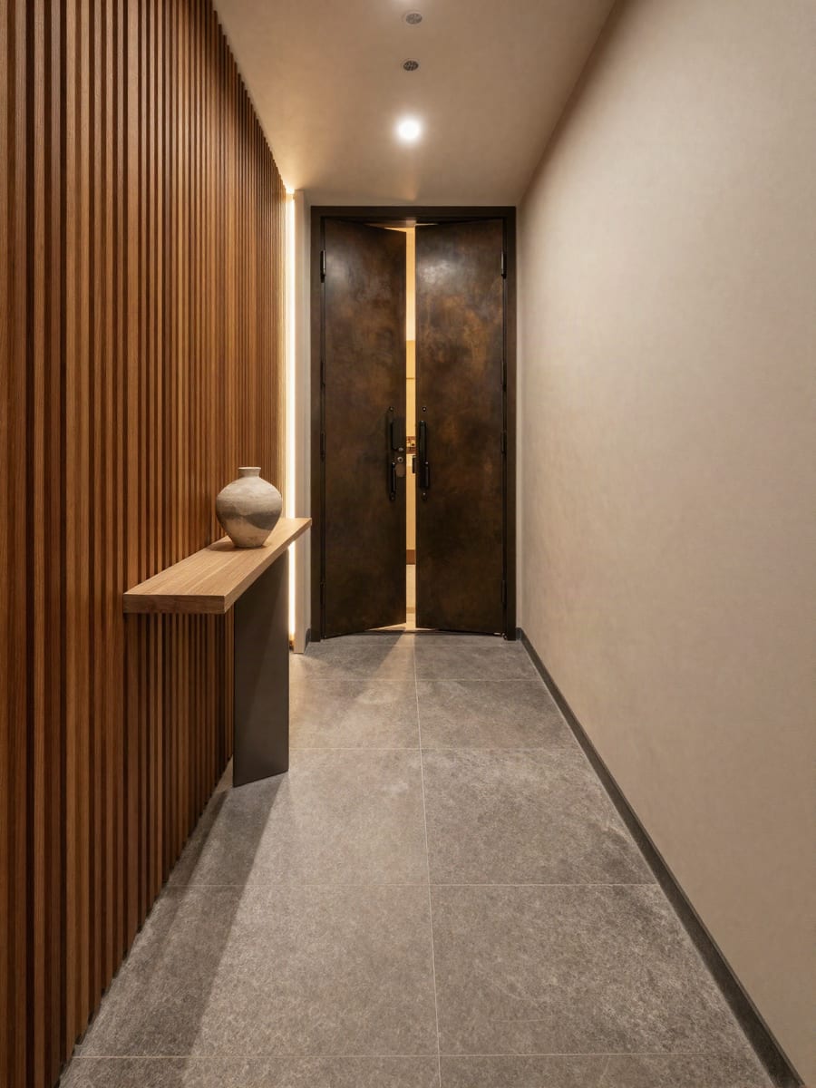 Hall residencial com parede ripada em madeira — ELEVARE