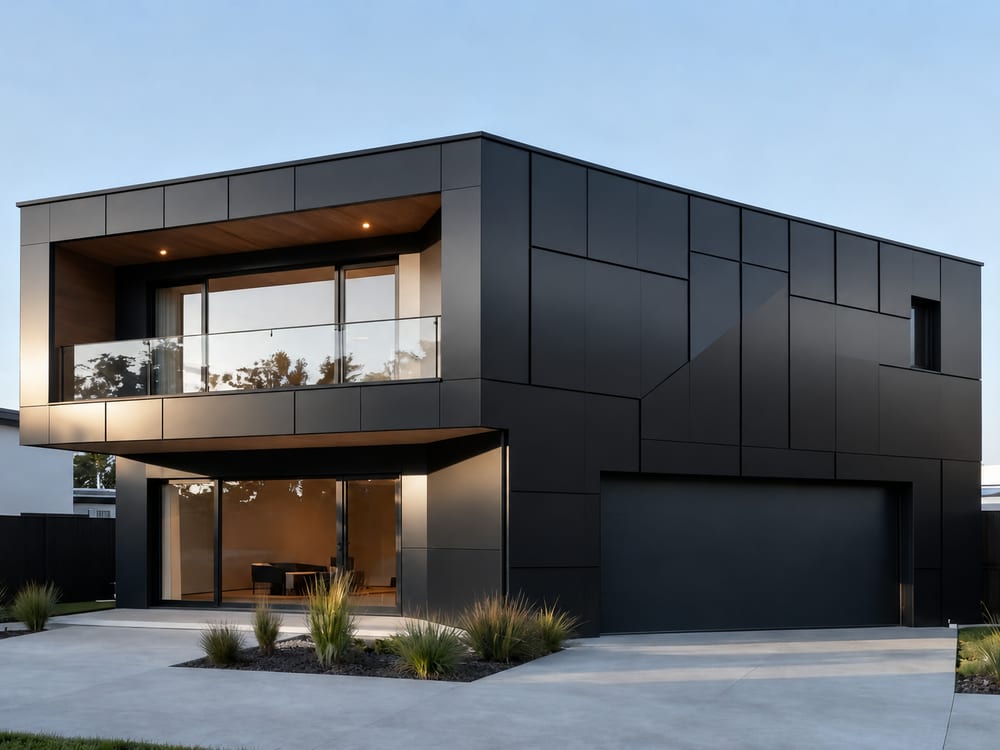 Casa moderna com fachada revestida em ACM preto geométrico ELEVARE — acabamento premium