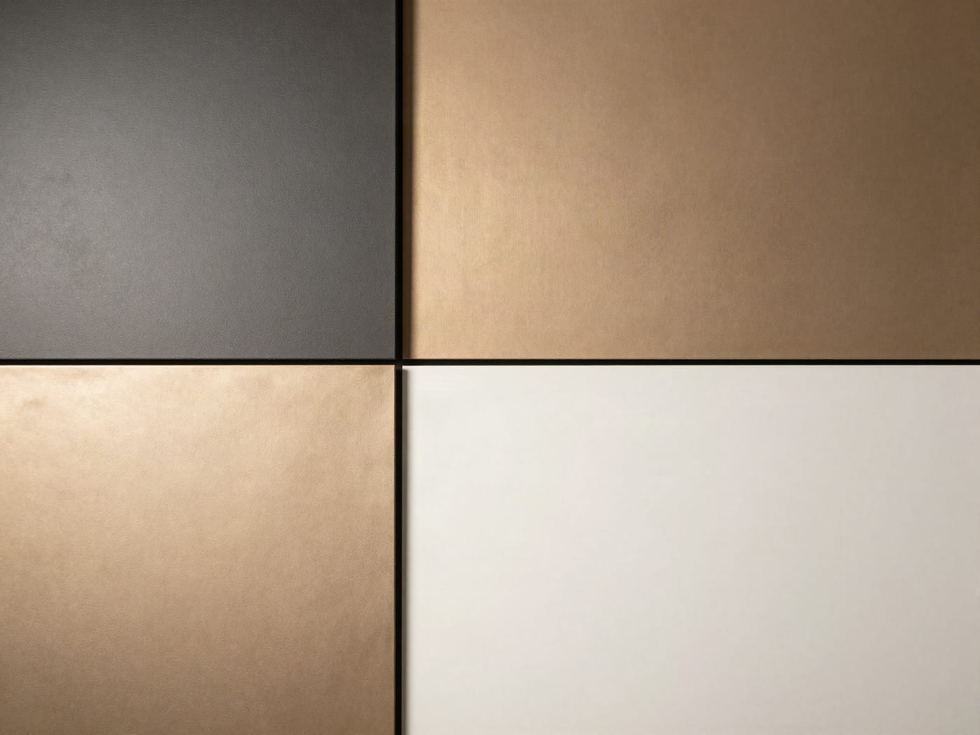Composição de acabamentos ELEVARE — grafite, bronze, champagne e off-white